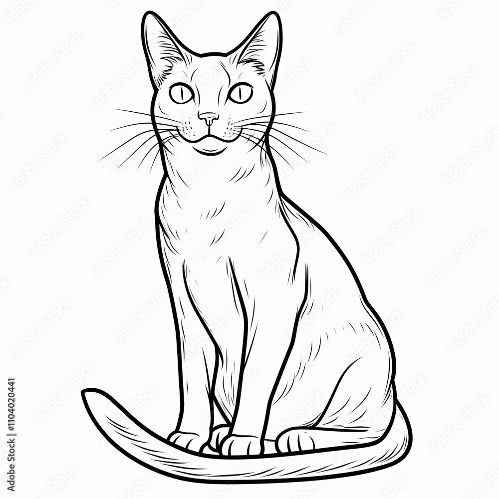 Obraz premium A hand-drawn outline of a sitting cat with sharp features and expressive eyes.