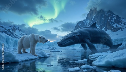 Polar bear and whale under northern lights on icy landscape . Northern Lights in the Arctic. Animals in the ice. Snow-capped mountains. Iceberg. photo