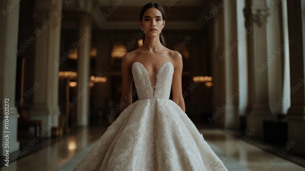 Fototapeta premium Elegant woman in a strapless white wedding gown standing in a grand hall with columns and soft lighting