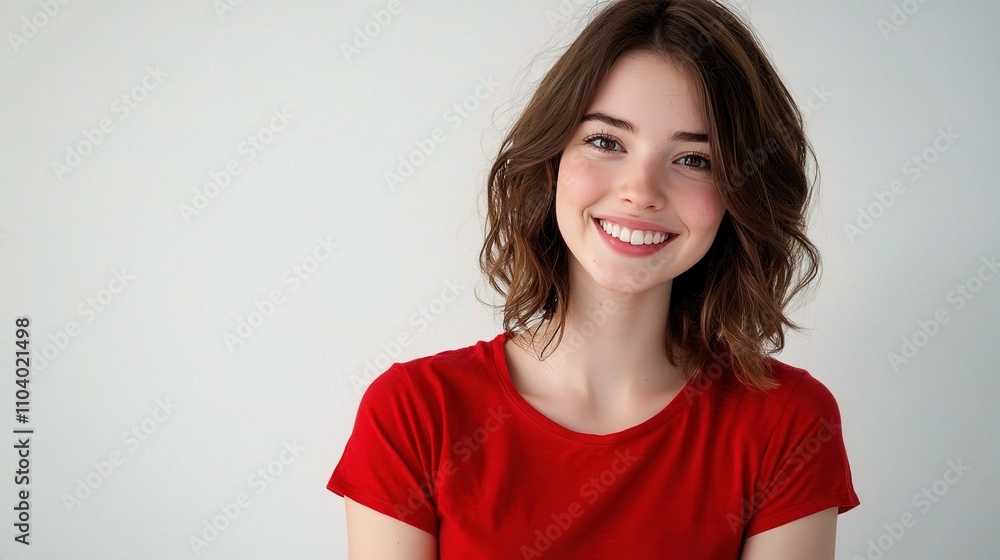 Joyful young woman smiling in a red t-shirt against a light background Joyful young woman smiling in a red t-shirt against a light background