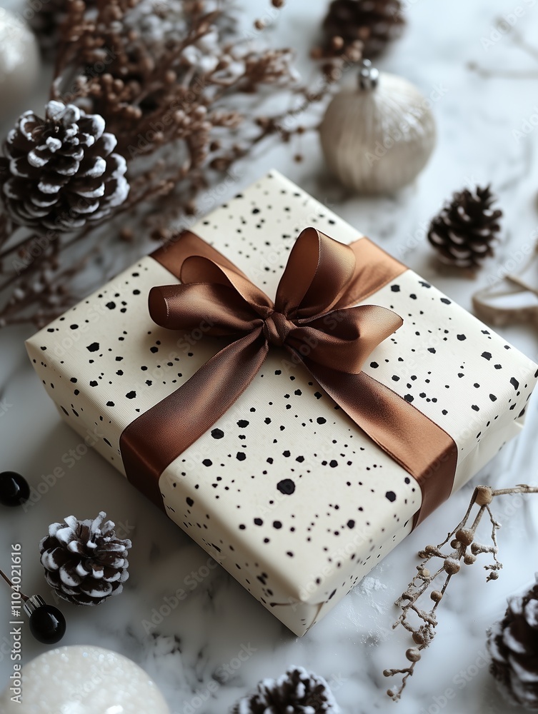 Sophisticated Holiday Gift Wrap with Brown Ribbon and Natural Accents Sophisticated Holiday Gift Wrap with Brown Ribbon and Natural Accents