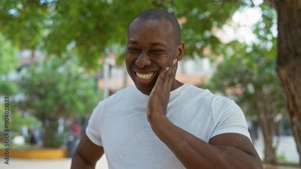 Young man in white shirt smiling while holding his jaw in a sunny urban park setting, surrounded by greenery and blurred city background. Young man in white shirt smiling while holding his jaw in a sunny urban park setting, surrounded by greenery and blurred city background.