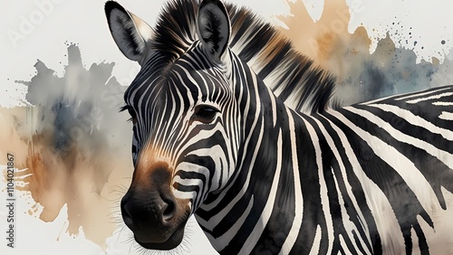 Watercolor zebra with bold black-and-white stripes, isolated on a white background. Safari animal.