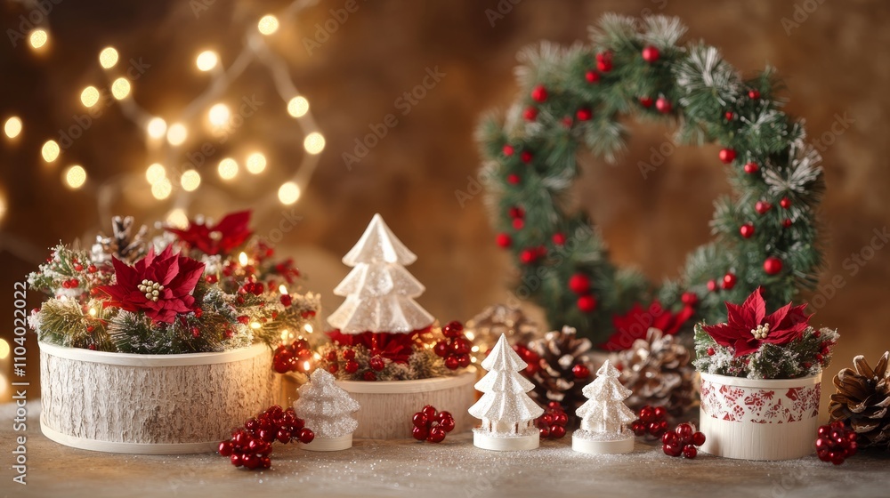 A festive table adorned with sparkling Christmas decorations, featuring a lush green wreath, twinkling lights, and cheerful ornaments, radiating holiday spirit. A festive table adorned with sparkling Christmas decorations, featuring a lush green wreath, twinkling lights, and cheerful ornaments, radiating holiday spirit.