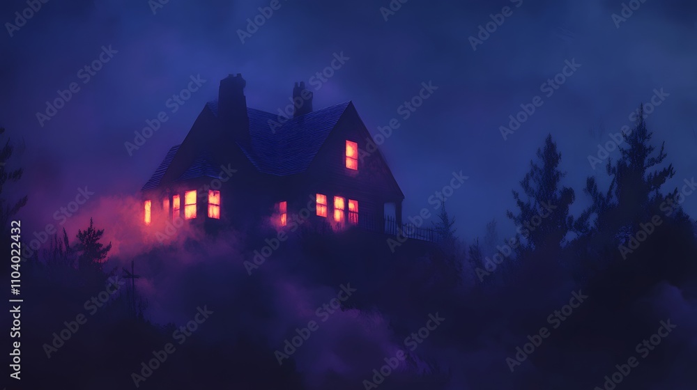 Mysterious House Illuminated In Foggy Night Woods Mysterious House Illuminated In Foggy Night Woods