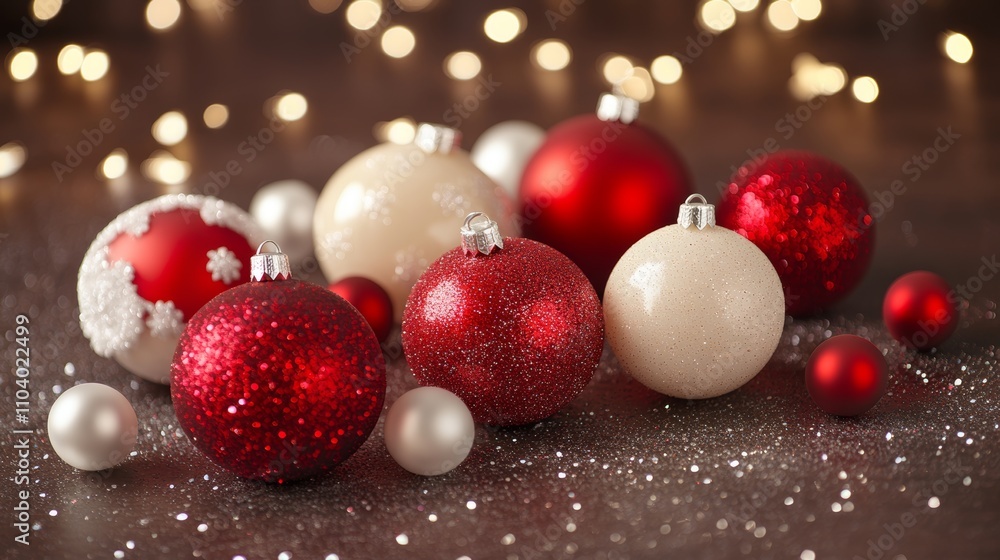 A festive table adorned with vibrant red and white Christmas ornaments, sparkling and shining, ready to bring joy and warmth to the holiday celebration. A festive table adorned with vibrant red and white Christmas ornaments, sparkling and shining, ready to bring joy and warmth to the holiday celebration.