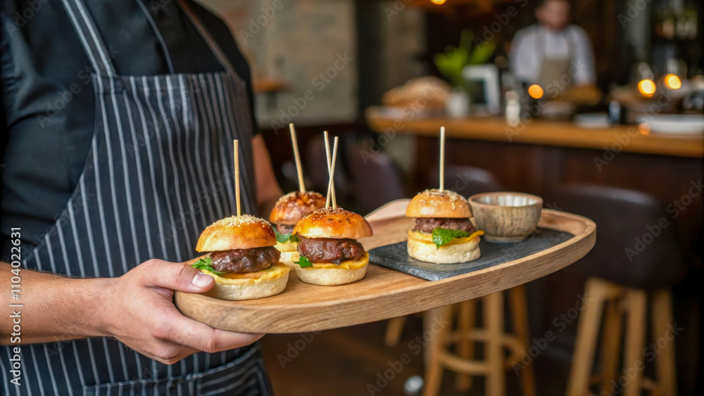 Waiters bring burgers on wooden trays, serving ready-made snacks, fast food. Close-up. Waiters bring burgers on wooden trays, serving ready-made snacks, fast food. Close-up.