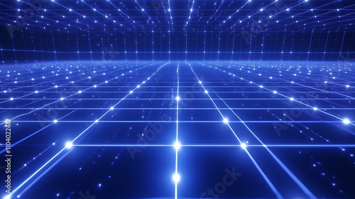 Clean blue background with digital grid lines and small light nodes, representing a technology network