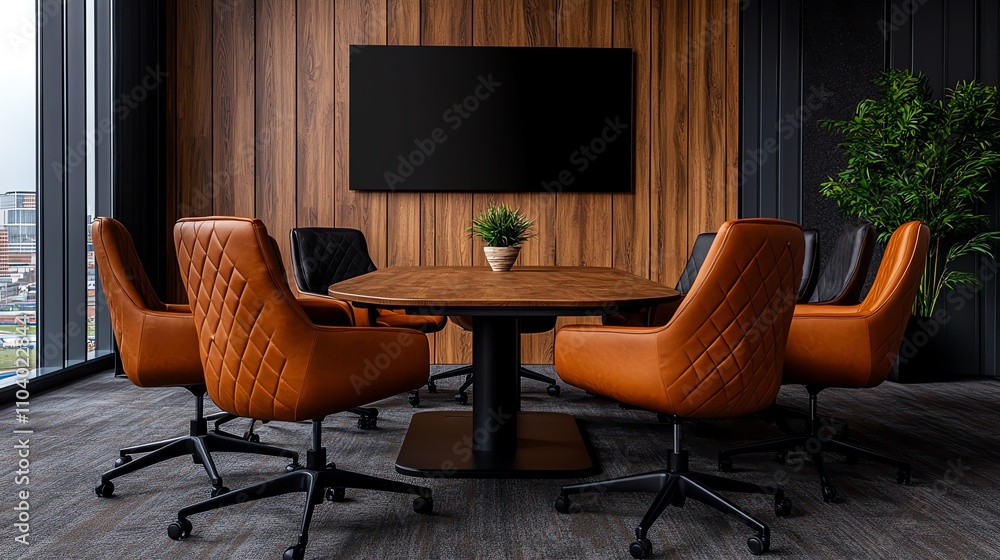 Modern conference room with brown chairs and a round table against a wooden wall. Modern conference room with brown chairs and a round table against a wooden wall.