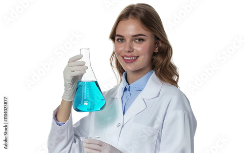 Blue Liquid in Flask Held by Biotechnologist Isolated on Transparent Background PNG. photo