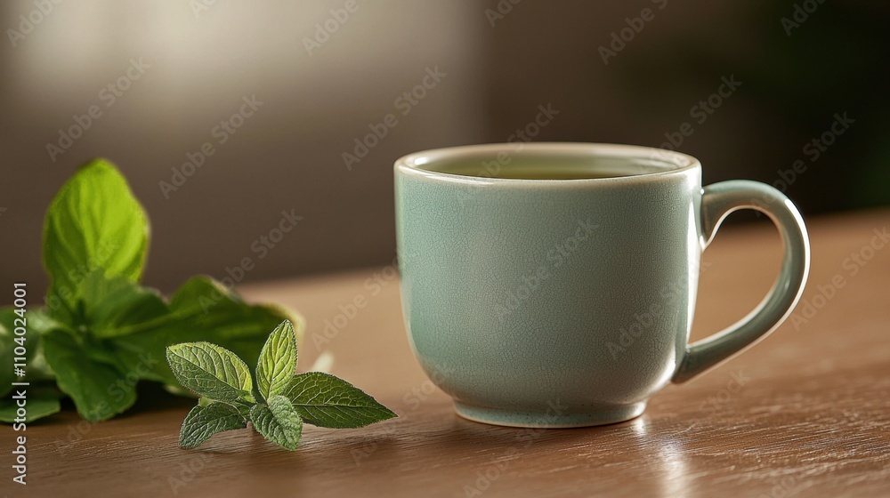 light green ceramic mug with a handle on a wooden table. The mug is filled with a dark green liquid, possibly tea or coffee, and there are a few fresh mint leaves scattered around it. light green ceramic mug with a handle on a wooden table. The mug is filled with a dark green liquid, possibly tea or coffee, and there are a few fresh mint leaves scattered around it.
