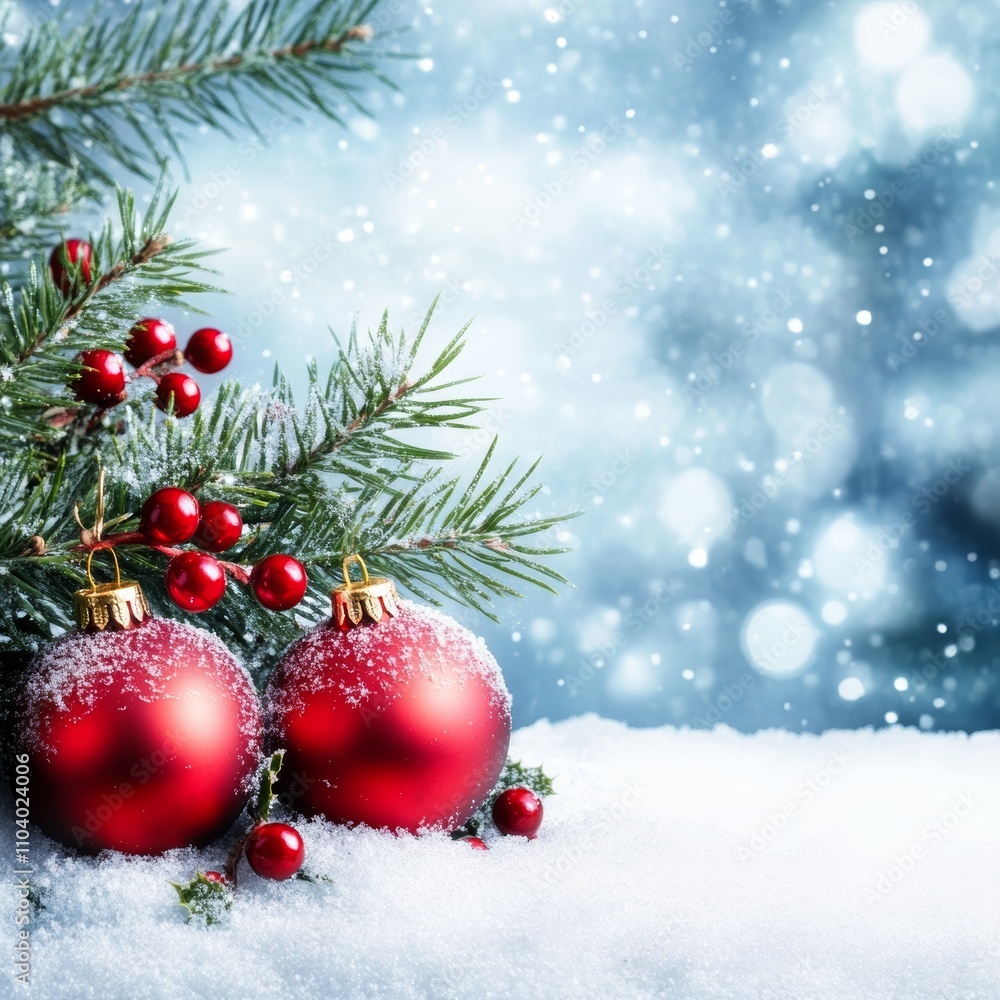 Two vibrant red Christmas balls rest atop a snowy blanket, nestled beside a lush pine branch, evoking the magic of a wintry holiday wonderland. Two vibrant red Christmas balls rest atop a snowy blanket, nestled beside a lush pine branch, evoking the magic of a wintry holiday wonderland.