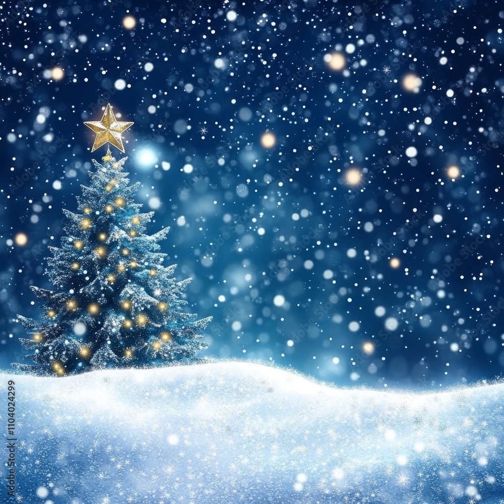 A serene snowy night, illuminated by a twinkling Christmas tree, under a canopy of shimmering stars, evokes the warmth of holiday magic and joy. A serene snowy night, illuminated by a twinkling Christmas tree, under a canopy of shimmering stars, evokes the warmth of holiday magic and joy.