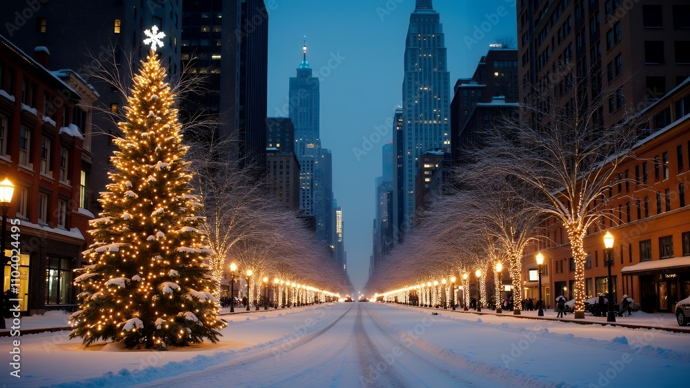 クリスマスイルミネーションが灯る雪が積もる街中 クリスマスイルミネーションが灯る雪が積もる街中