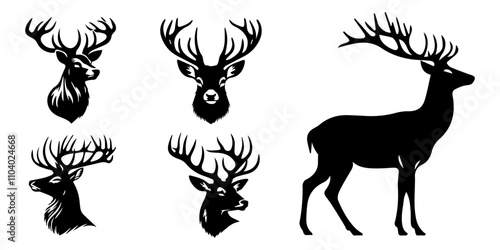 deer silhouette set, White and black silhouette vector Which is Graphics aliment . Cat head, Tiger head logo , Dear , Burger, black of dear silhouette isolated on white background, deer vector.