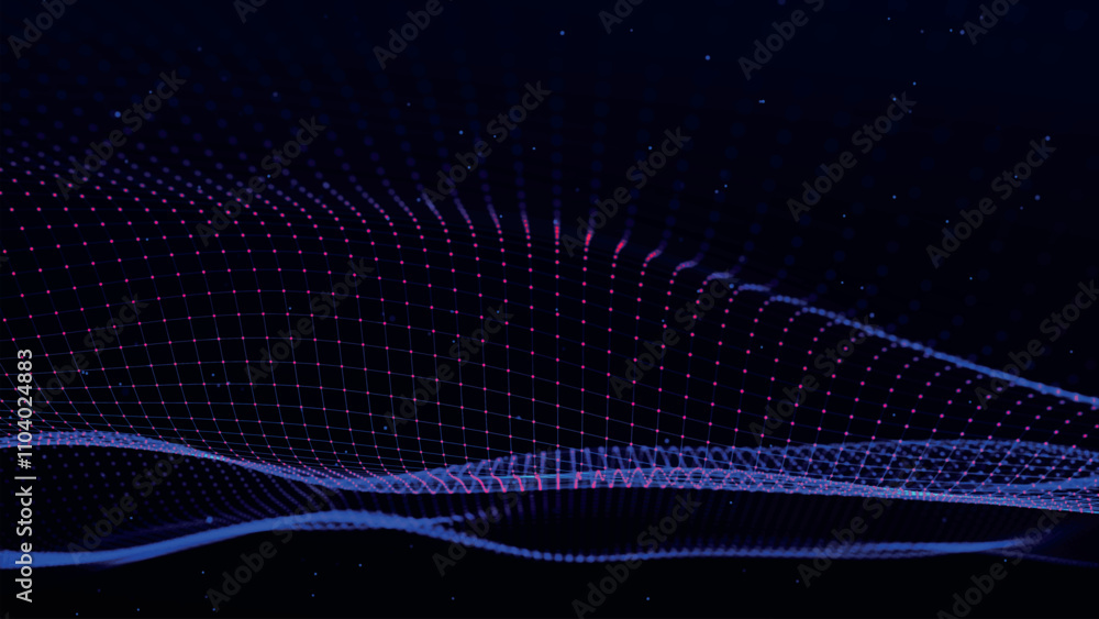 Futuristic point wave of particles. Visualization of sound waves. Dark background. Technology or science banner. Abstract digital 3D wave. Vector illustration. Futuristic point wave of particles. Visualization of sound waves. Dark background. Technology or science banner. Abstract digital 3D wave. Vector illustration.