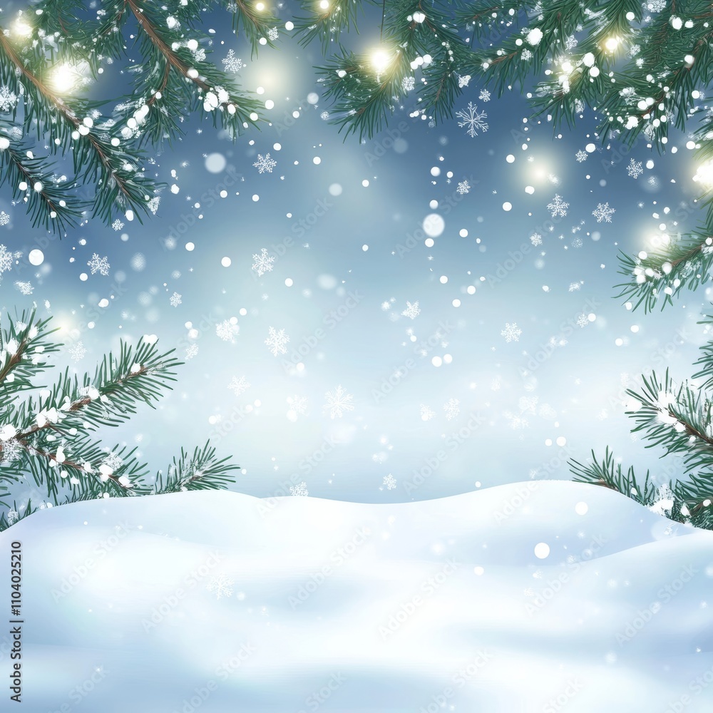 A serene winter scene unfolds with delicate snowflakes dancing through the air, framed by lush fir branches draped in glistening white snow. A serene winter scene unfolds with delicate snowflakes dancing through the air, framed by lush fir branches draped in glistening white snow.