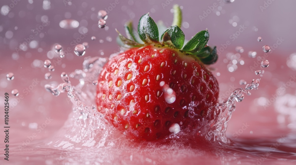A vibrant strawberry splashes into a pool of water, creating dynamic droplets and a refreshing ambiance, This image is perfect for food blogs, health articles, or beverage advertising, A vibrant strawberry splashes into a pool of water, creating dynamic droplets and a refreshing ambiance, This image is perfect for food blogs, health articles, or beverage advertising,