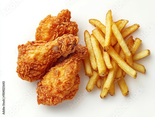 Crispy fried chicken pieces served alongside golden French fries create an appetizing meal, Ideal for restaurant menus, food blogs, or promotional materials related to comfort food, photo