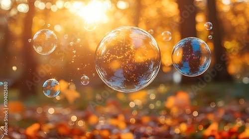 Bubbles floating in an autumn landscape with warm sunlight and fallen leaves.
