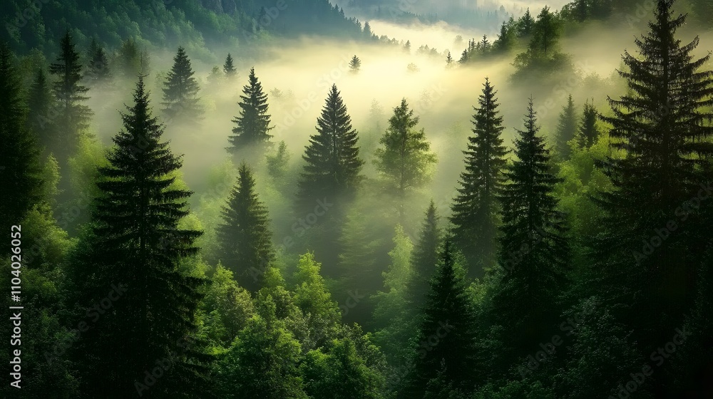 Misty Mountain Forest Sunlit Conifers Misty Mountain Forest Sunlit Conifers