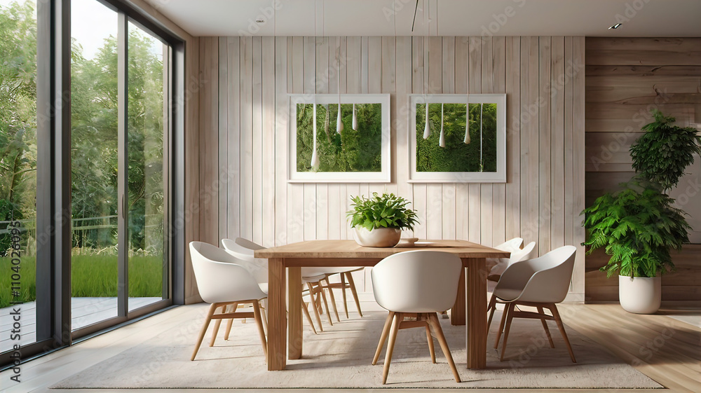 Fototapeta premium View of light wall with empty white frame in dining room interior in house, green plant and nature view from large window. 3D rendering