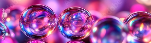 A close-up image of colorful soap bubbles reflecting vibrant purple and blue light, creating a mesmerizing and dreamy visual effect.