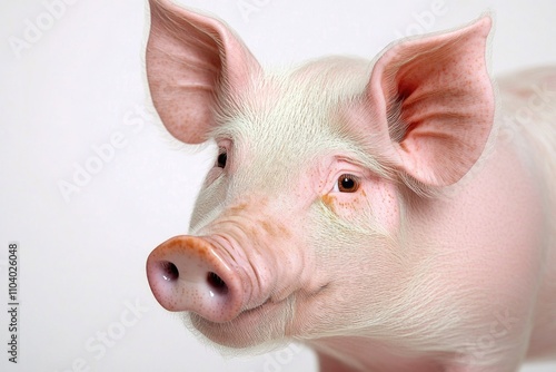 Close-up of a pig's face on a white background, great for farm or animal-themed designs photo