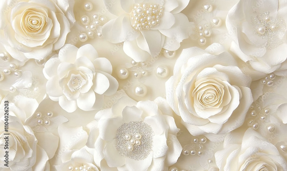 Elegant white paper flowers and pearls. Elegant white paper flowers and pearls.