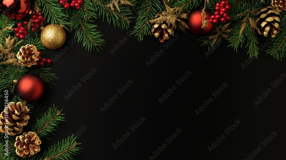 A festive arrangement of vibrant Christmas decorations, featuring glimmering balls and rustic pine cones against a sleek black background, radiating holiday cheer. A festive arrangement of vibrant Christmas decorations, featuring glimmering balls and rustic pine cones against a sleek black background, radiating holiday cheer.