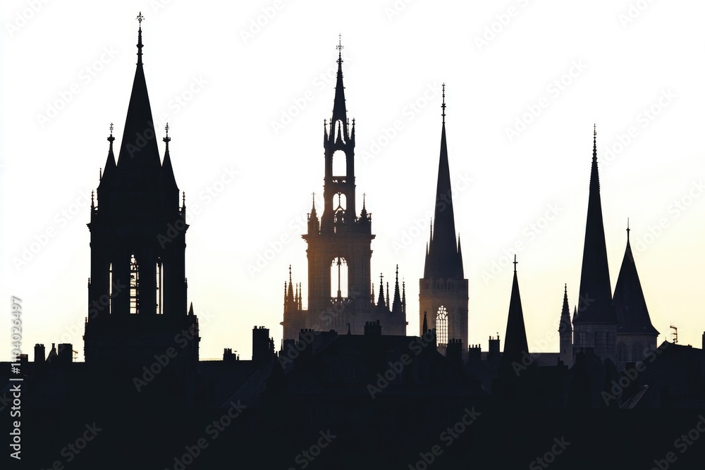 A dark silhouette of a church with a clock tower at night, perfect for use in a scene or as a backdrop A dark silhouette of a church with a clock tower at night, perfect for use in a scene or as a backdrop