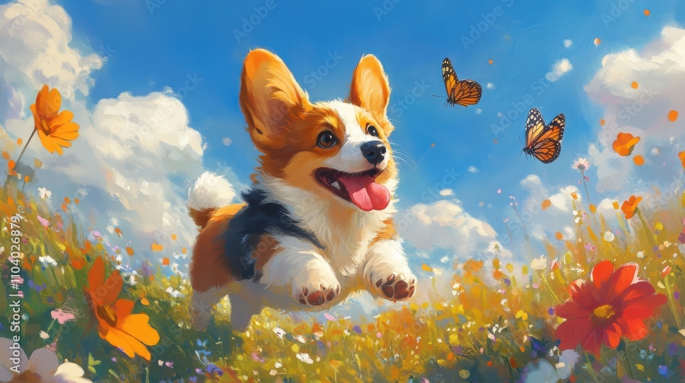 A playful corgi leaps through a vibrant flower field on a sunny afternoon A playful corgi leaps through a vibrant flower field on a sunny afternoon