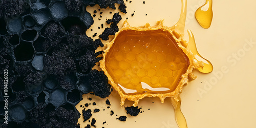 Shilajit honey honeycomb closeup photography natural health supplement golden honey in comb Shilajit black resin artistic