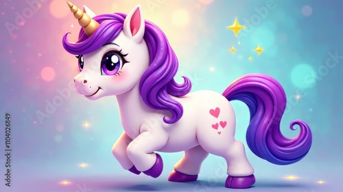 Cartoon Unicorn Purple Mane Blue Tail Fantasy Art