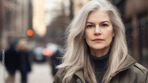 Serene Middle-Aged Woman Pondering on Urban Street Corner amidst Cityscapes and Nature