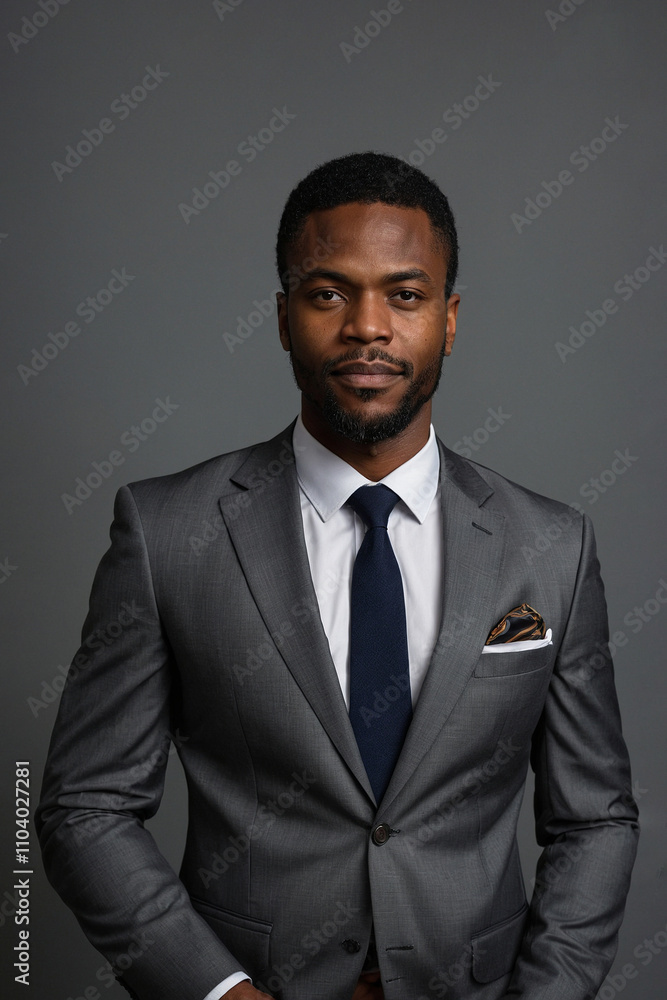 A black business man portrait standing and crossing arms. Businessman wearing a suit. Gray background. A black business man portrait standing and crossing arms. Businessman wearing a suit. Gray background.