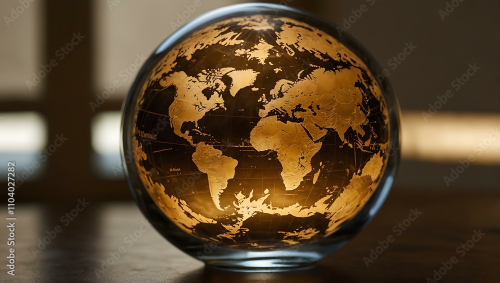 A glass globe with etched continents on a reflective surface, bathed in golden light. A glass globe with etched continents on a reflective surface, bathed in golden light.