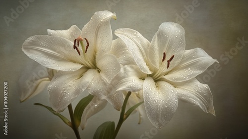 Elegant white lilies with water droplets on petals.
