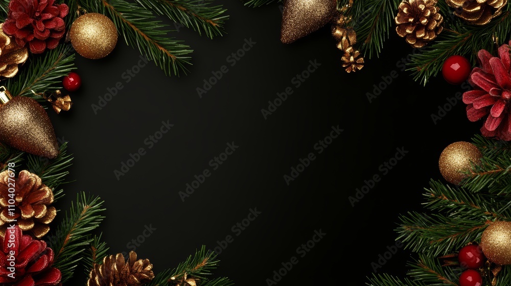 A festive arrangement of Christmas decorations featuring pine cones and vibrant red berries, all set against a striking black backdrop. A festive arrangement of Christmas decorations featuring pine cones and vibrant red berries, all set against a striking black backdrop.