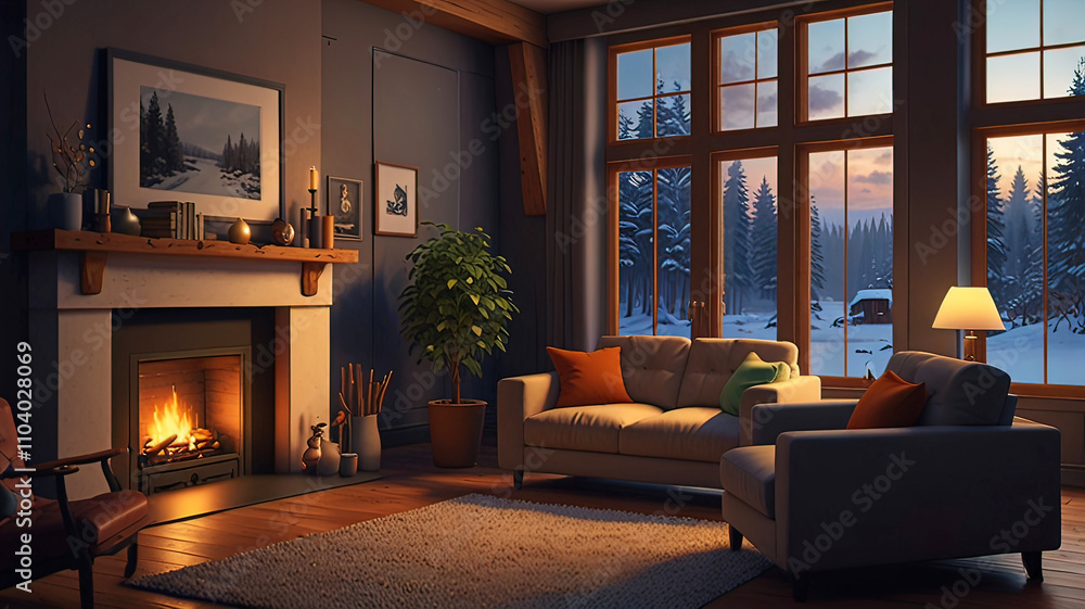 Fototapeta premium charming home interior in a living room in a lo-fi style, where they peacefully relax and listen to music, Christmas attributes,