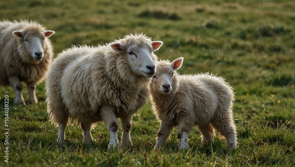 Fototapeta premium A group of fluffy white sheep grazing on green grass.