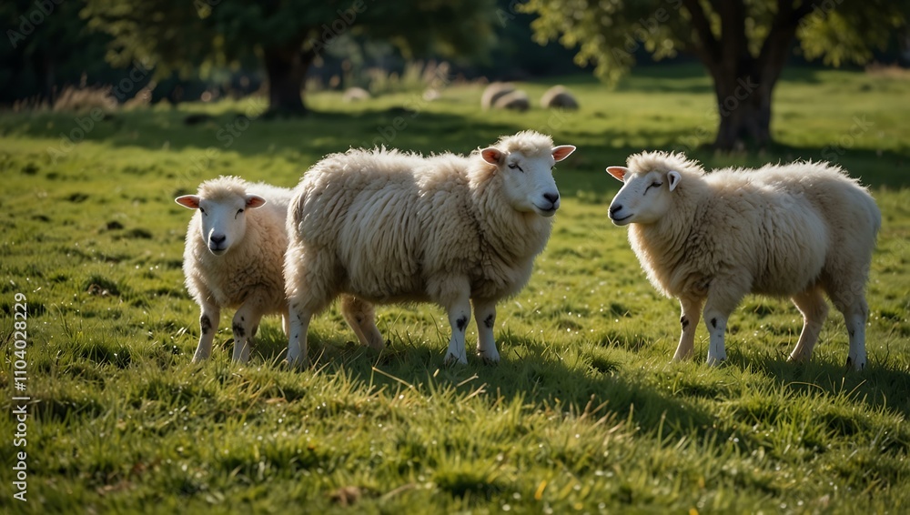 A group of fluffy white sheep grazing on green grass. A group of fluffy white sheep grazing on green grass.