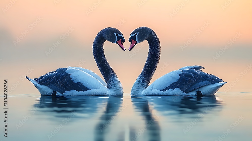 Fototapeta premium Two swans forming a heart shape on calm water at sunrise.