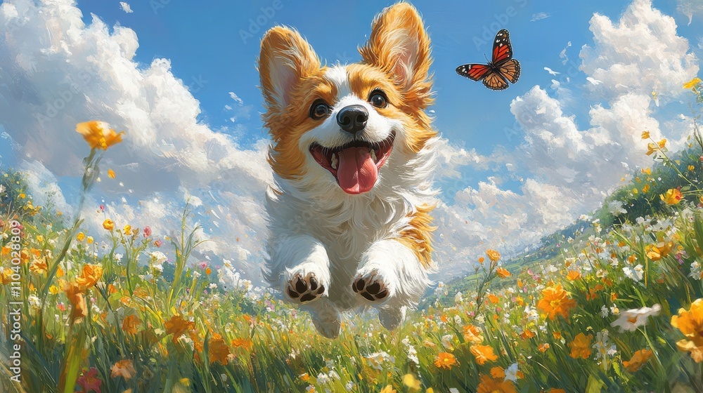 A joyful corgi leaps through a vibrant field of wildflowers under a bright blue sky A joyful corgi leaps through a vibrant field of wildflowers under a bright blue sky