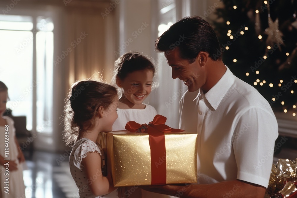 A joyful family celebration scene with children eagerly receiving Christmas gifts, highlighting the warmth and happiness of the holiday spirit in a cozy home setting. A joyful family celebration scene with children eagerly receiving Christmas gifts, highlighting the warmth and happiness of the holiday spirit in a cozy home setting.
