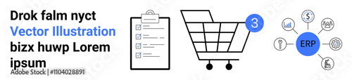 Business document checklist on clipboard, shopping cart with notification, ERP network diagram. Ideal for business management, e-commerce, ERP systems, task management, inventory, shopping