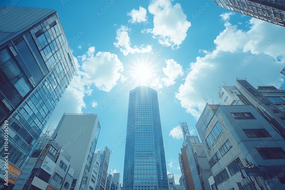 Obraz premium Upward View Sunny Cityscape & Commercial Building Heights