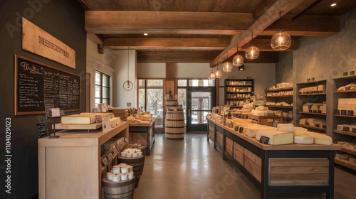 Cheese displaying on rustic wooden shelves in gourmet shop