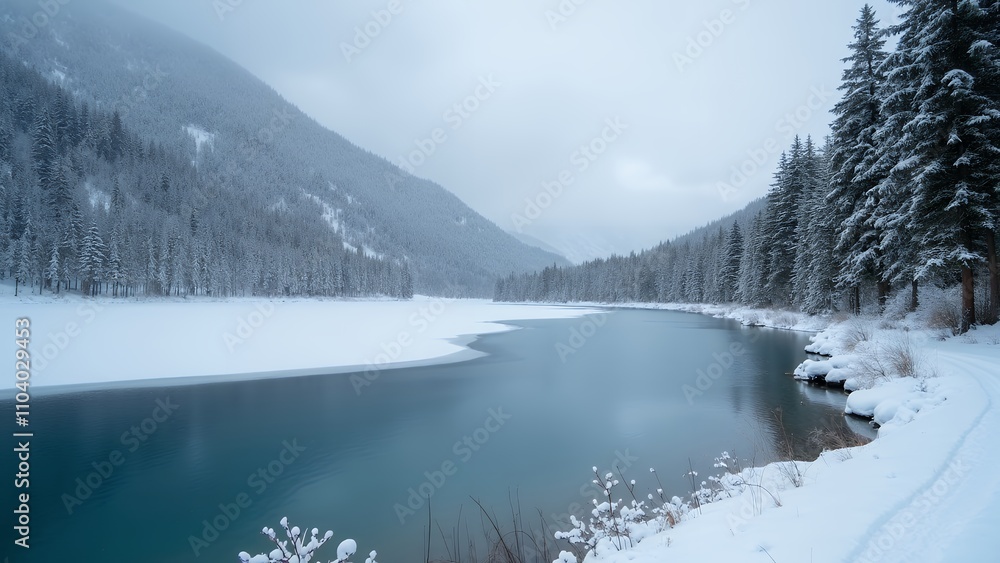 Obraz premium 川が凍る冬景色