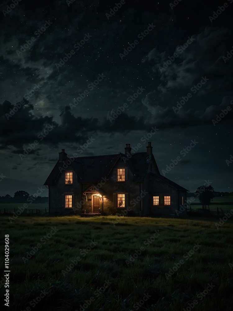 A house on a dark countryside night, adding mystery. A house on a dark countryside night, adding mystery.